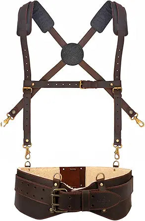 Tourbon Leather Construction Work Tool Belt with Suspenders for Men Faux Fleece Padded Heavy Duty Electrician's Combo Framing Carpenter Belts