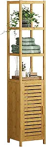 VIAGDO Storage Tall Slim Cabinet with Shutter Door and 3 Tier Shelves, Freestanding Linen Tower Cabinet for Living Room, Kitchen, Bathroom Organizer, Natural Bamboo