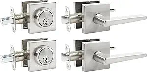Deadbolt Lock and Door Knob Set, Exterior Door Lock Set with Deadbolt, Square Dead Bolt Locks For Exterior Doors, Heavy Duty Entry Door Lever with Single Cylinder Deadbolt, (Satin Nickel 2Pack)
