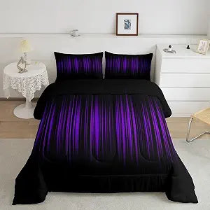 Feelyou Purple and Black Comforter Queen Size for Boys Girls, Abstract Ombre Comforter Set Gradient Lines Bedding Set Purple Black Gradient Duvet Set Microfiber Quilt Set