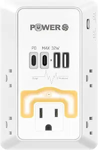20W PD Fast Charging Wall Outlet with USB Ports (2C2A), Electrical Outlet Extender with Night Light, Surge Protector, Wall Plug Adapter for Multiple Devices
