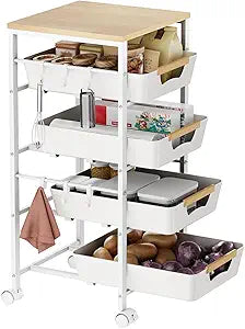 5-Tier Kitchen Storage Cart, Wood Top Rolling Cart Organizer with Pull-Out Baskets & Wheels, Metal Snack Cart with Holder for Fruit, Vegetable, Microwave, Kitchen, Pantry, White