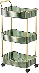 3-Tier Acrylic Rolling Storage Cart, Bathroom Organizer Cart, Kitchen Snack Cart Whit Wheels, Rolling Utility Cart for Kithchen, Living Room, Office Storage and Organization (14''X10''X27'')(Green)