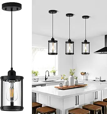 Black Pendant Lights Kitchen Island, 1-Light Modern Mini Hanging Light Fixtures with Clear Glass, Farmhouse Kitchen Pendant Lighting Over Island for Sink Dining Room, OS-3014-1PBK