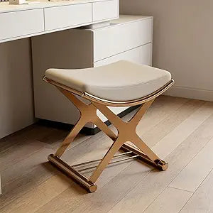 Makeup Vanity Stool Chair - Backless Leatherette Seat - Gold Metal X-Leg Footrest for Bathroom, Bedroom & Living Room - Off-White