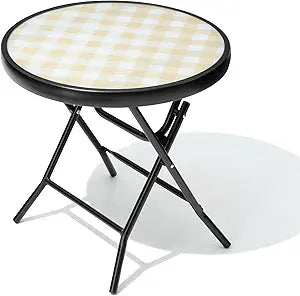 Foldable Patio Side Tables, 17.7" Small End Table Outdoor Weatherproof, Round Glass Top Outside Folding Table for Poolside, Balcony, Yard, PorchYellow