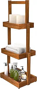 Teak Shower Shelf Bathroom Organizer - 3 Tier Multipurpose Shower Caddy with Non-Slip Base, Rustproof Durable Standing Towel Rack Toilet Paper Roll Holder for Bathroom Livingroom