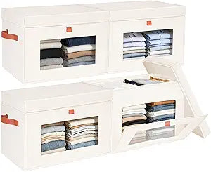 Fabric Closet Organizers - Oxford Clothes Storage Bins with Lids Collapsible & Stackable Decorative Storage Boxes with Handles& Window (4 Pack, Beige, 16.5" L x 11.8" W x 11" H)