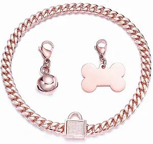 Rose Gold Chain Dog Collar 10MM/14MM Cuban Link Dog Collar Chew Proof Stainless Steel Chain Collar for Small Medium Large Dogs 10-26Inch(10mm,24inch)