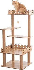 Wood Cat Tree for Indoor Cats, 49 inch Cats Furniture Tower with Large Platforms, Full Sisal Scratching Posts, Water Proof Surface