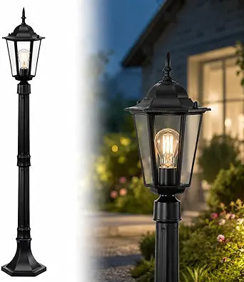 42" Outdoor Post Light Fixture, Hardwired Black Surface Mount Lamp Post Light with Clear Glass, Adjustable Height Aluminum Outdoor Pole Light, E26 Post Lantern for Yard, Garden, Driveway, Patio