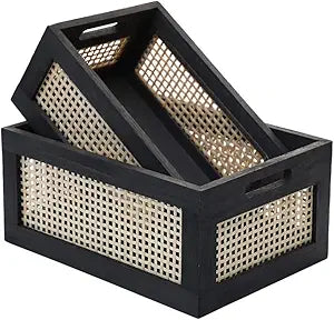Wood Baskets, Rattan Storage Baskets for Organizing, Black, Set of 2