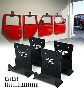 Xprite Wall Mount Door Storage Hangers, 4 PCS Removable Heavy Duty Metal Door Storage Holder Hooks Bracket with Rubber Lining Compatible with 1956-2026 Jeep Wrangler CJ YJ TJ LJ JK JKU JL JLU JT