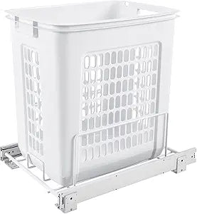 Rev-A-Shelf Pullout 20" Deep Cabinet Floor Steel Mounted Polymer Plastic Clothes Laundry Hamper with Full Extension Slides, White, HPRV-1520 S - Hidden Storage Organizer for Laundry Room and Bathroom