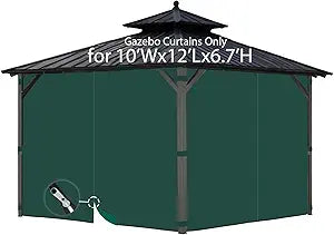 FoundGo Gazebo Universal Replacement Privacy Curtain fit for 10'Wx12'Lx6.7'H Water Resistant Gazebo Side Wall Privacy Panel Shade Screen Panels with Zipper for Outdoor Pergola Patio (Green) 4pc