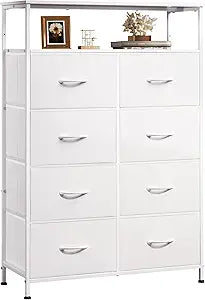 WLIVE Fabric Dresser for Bedroom with Open Shelves, Tall White Dressers with 8 Drawers, Storage Tower with Fabric Bins, Chest of Drawers for Closet, Hallway