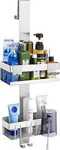 Emibele Over The Door Shower Caddy 2 Tier, 304 Stainless Steel Hanging Shower Caddy Rustproof Shower Shelves, No Drilling Hanging Shower Organizer for Bathroom Glass Door, Silver
