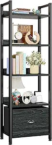 Furologee 5 Tier Bookshelf with Drawer, Kitchen Bakers Rack with Storage, Tall Narrow Bookcase, Industrial Free Standing Display Shelf, Wood and Metal Book Shelf for Bedroom, Living Room, Black