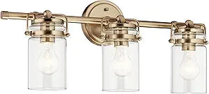 Kichler Brinley 24" 3-Light Bathroom Vanity Light Fixture with Clear Glass in Champagne Bronze, Modern Farmhouse Mason Jar Style for Mirror Lighting (24" W x 10.25" H), 45689CPZ