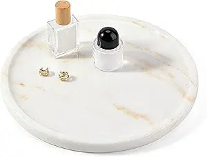 Karibiber Marble Serving Tray, 11.8in Round Vanity Tray for Bathroom Countertop, Calacatta White Candle Holder for Coffee Table/Kitchen, Stone Home Decorative Catchall Tray for Perfume