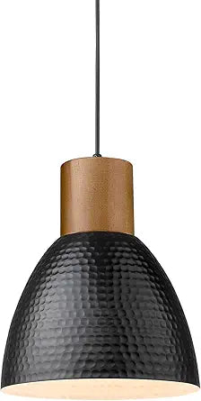 ELYONA Industrial Hammered Pendant Light 7 Small Solid Wood Hanging Lamp with Hammered Metal Shade, Farmhouse Pendant Light Fixtures for Kitchen Island, Dining Room, Bedroom, Office, Modern Black