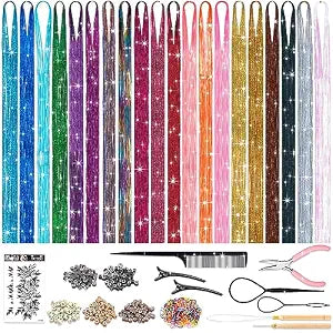 ROADPLUM Hair Tinsel Kit with Tools, 20 Colors 4000 Strands Sparkling Glitter Tinsel Hair, Heat Resistant Shiny Fairy Hair Tinsel Extensions for Women Girls Hair Accessories for Cosplay Party