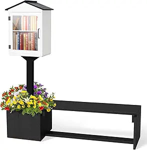 Wonderjune 3-in-1 Little Library Box Outdoor with Bench & Planter DIY Paintable Lending Free Library Pine Wood Neighborhood Share Box Ground Mount Kit for Yard Garden Community School(Black and White)