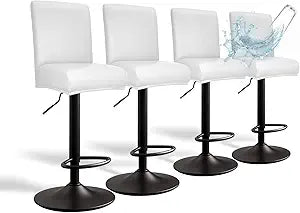 PU Leather Bar Stool Covers with Backs, 4 Pack Stretch Waterproof Bar Stool Chair Covers Washable & Comfortable Barstool Covers Slipcovers with Back for Pub/Counter/Dining Room (Pure White)