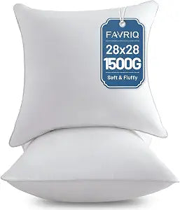 FAVRIQ 28 x 28 Pillow Inserts - Firm and Fluffy Decorative Square Sofa Throw Pillow with 100% Cotton Cover - Down Alternative Pack of 2