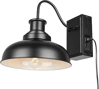 Outdoor Barn Light with GFCI Outlet, Farmhouse Exterior Wall Sconce Light, Vintage Wall Lighting Fixture Industrial Black Wall Lantern with Built in for Porch, Garage, STRZ037-W BK+WH