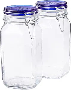 Bormioli Rocco Fido Collection, 2 Pack, 50.75 Oz. Food Storage Glass Jars, Airtight Rubber Seal & Glass Lid, With Stainless Wire Clamp, Made In Italy.