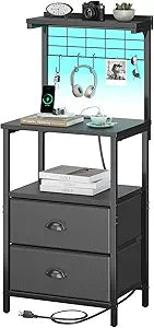 sthmec Bedside Tall Nightstands with Charging Station, LED Bedside Table for Bedroom - 2 PU Fabric Drawers, Hooks, USB/Type-C Ports & Open Bedside Shelves, Black