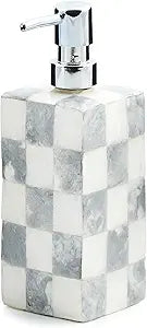MACKENZIE-CHILDS Capiz Soap Pump, Liquid-Soap Dispenser for Bathroom or Kitchen, Gray-and-White Sterling Check