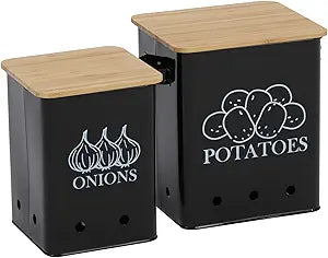 Kitchen Vegetable Storage Tins Set of 2, Onion and Potato Storage Bins with Wooden Lid and Aerating Holes, Garlic Bin Caddy, Vintage Kitchen Decor, Black