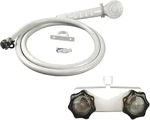 RV/Mobile Home White Shower Faucet with Smoke Handles and Hand-Held Shower Combo Set