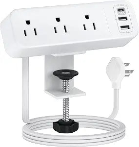 3 Outlet Desk Clamp Power Strip, 6.5 ft Extension Cord, Flat Plug
