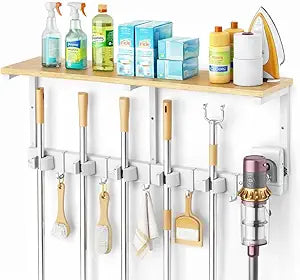 Upgraded Broom Holder Wall Mount with Shelf, Mop and Broom Organizer Wall Hanging, Cleaning Supplies Organizer with 5 Grippers, 4 Hooks and Vacuum Holder for Laundry Room, Garage, Kitchen