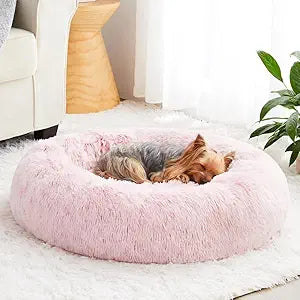 WNPETHOME Calming Dog Bed Cat Bed Donut, Faux Fur Pet Bed Self-Warming Donut Cuddler, Comfortable Round Plush Dog Beds (30 x 30 x 10 Inch, Light Pink)