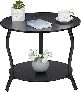 Small Round Coffee Table with Open Storage,23" 2-Tier Coffee Side Tables for Small Space, Accent Center Table Circle Sofa End Table with Wooden Table Top for Living Room Bedroom Apartment,Black