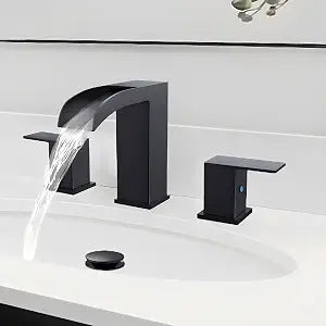 Black Bathroom Sink Faucet 3 Hole - Waterfall Bathroom Faucet 8 Inch Widespread Matte Black Faucet Bathroom 2-Handles Modern Vanity Faucets with Overflow Pop Up Drain & Supply Lines