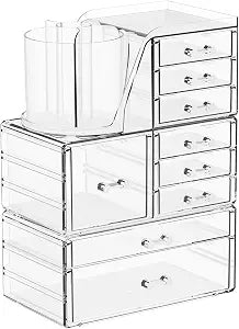 SuoXing 3 Pack Clear Acrylic Makeup Organizer for Vanity With 9 Drawer, Skincare Organizers Countertop With Make up Brush Holder,Bathroom Make up Drawer Storage for Beauty,Hair Accessories Organizer