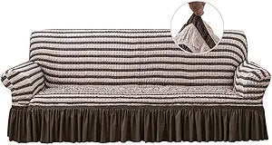 Qubjus Stretch Sofa Slipcover Sofa Covers Washable Couch Sofa Bed Cover Easy Fit Furniture Protector with Elastic Bottom and Skirt (Striped Brown, Medium)