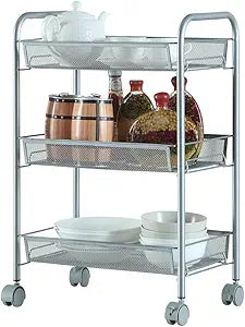 Kitchen Storage Carts 3 Tier Utility Carts Removable Standing Shelf Units Hanging Baskets Metal Rolling Wire Cart with Lockable Wheels Handle Shelving Organizer for Office Bathroom Laundry Room