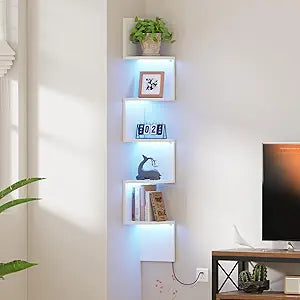 Qupui 5-Tier Corner Shelf with LED Lights, 49 Inch Floating Wall Mounted Corner Shelf for Bedroom Living Room Bathroom, White Corner Bookshelf Display Stand with RGB Lighting