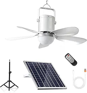 Solar Ceiling Fan with Light, 21600mAh Rechargeable Battery & 25W Solar Panel, DC Brushless Quiet Fan, RF Remote Control, for Gazebo, Patio, Camping Tent, Garage, RV, Emergency Use