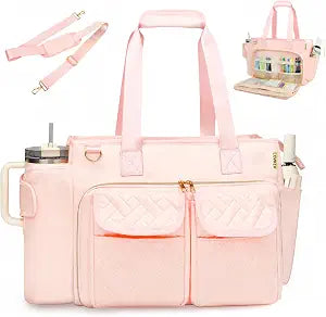 Covkev Teacher Tote Bag for Women, 15.6 Inch Laptop Work Utility Bag, Soft Nylon Teacher Organizer with Multiple Pockets, Large Cup Holder& Shoulder Strap, Teacher Supplies Office Tote Bag (Pink)