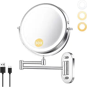 Wall Mounted Makeup Mirror with Light, 8 Inch 1X/30X Magnifying Mirror, Rechargeable 4000mAh, Double Sided, Extendable Arm, 360 Swivel Bathroom Mirror
