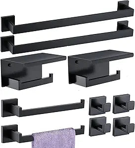 Bathroom Hardware Set 10 Piece Matte Black Bathroom Accessories Set SUS304 Towel Bar Set Includes 2 Towel Bar 24 Inch+2 Towel Holder+2 Toilet Paper Holder+4 Towel Hooks (10, Matte Black)