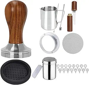 58mm Coffee Tamper Set - 25PCS Espresso Accessories Kit, WDT Tool, Tamper Mat, Coffee Stirrer, puck screen, Frothing Pitcher, Latte Art Pen, Dosing Funnel, Sprinkler Powder and Stencils