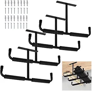 Tlence 4 Pack Overhead Garage Storage Hooks, 16.5" Heavy Duty Ceiling Mount Hangers, Double T-Bar Metal Ladder Ceiling Racks, Hanging for Bike, Pipe Lumber, Fishing Rod, Sports Equipment